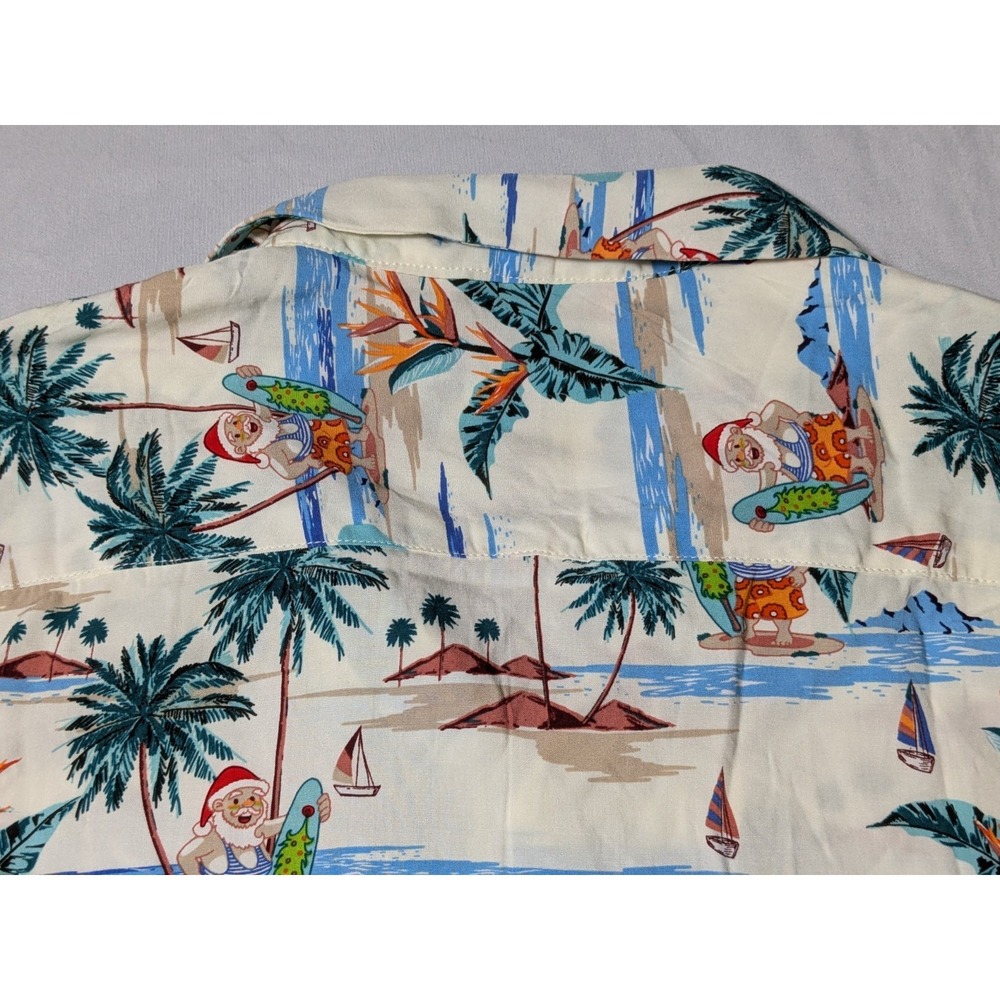 DENIM & FLOWER Santa Claus Hawaiian Beach Surfing Men Medium Ivory Shirt NEW - Picture 13 of 14